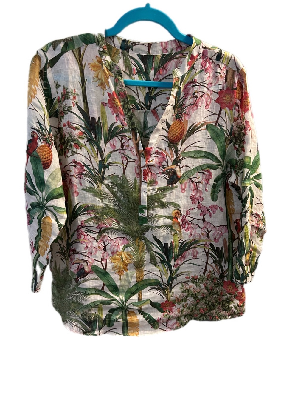 Vilagallo Toucan Pineapple Linen Tunic V Neck and 3/4 Roll to Button Sleeves